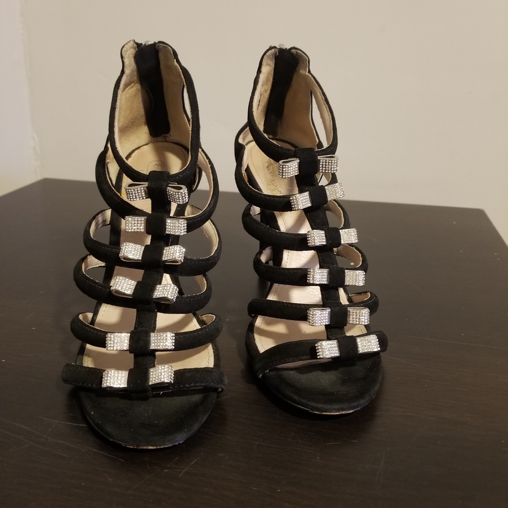 COACH LAILA SEXY SUEDE LEATHER SILVER CRYSTAL BOW HEELS CAGE HOLIDAY STILETTO - Picture 6 of 8